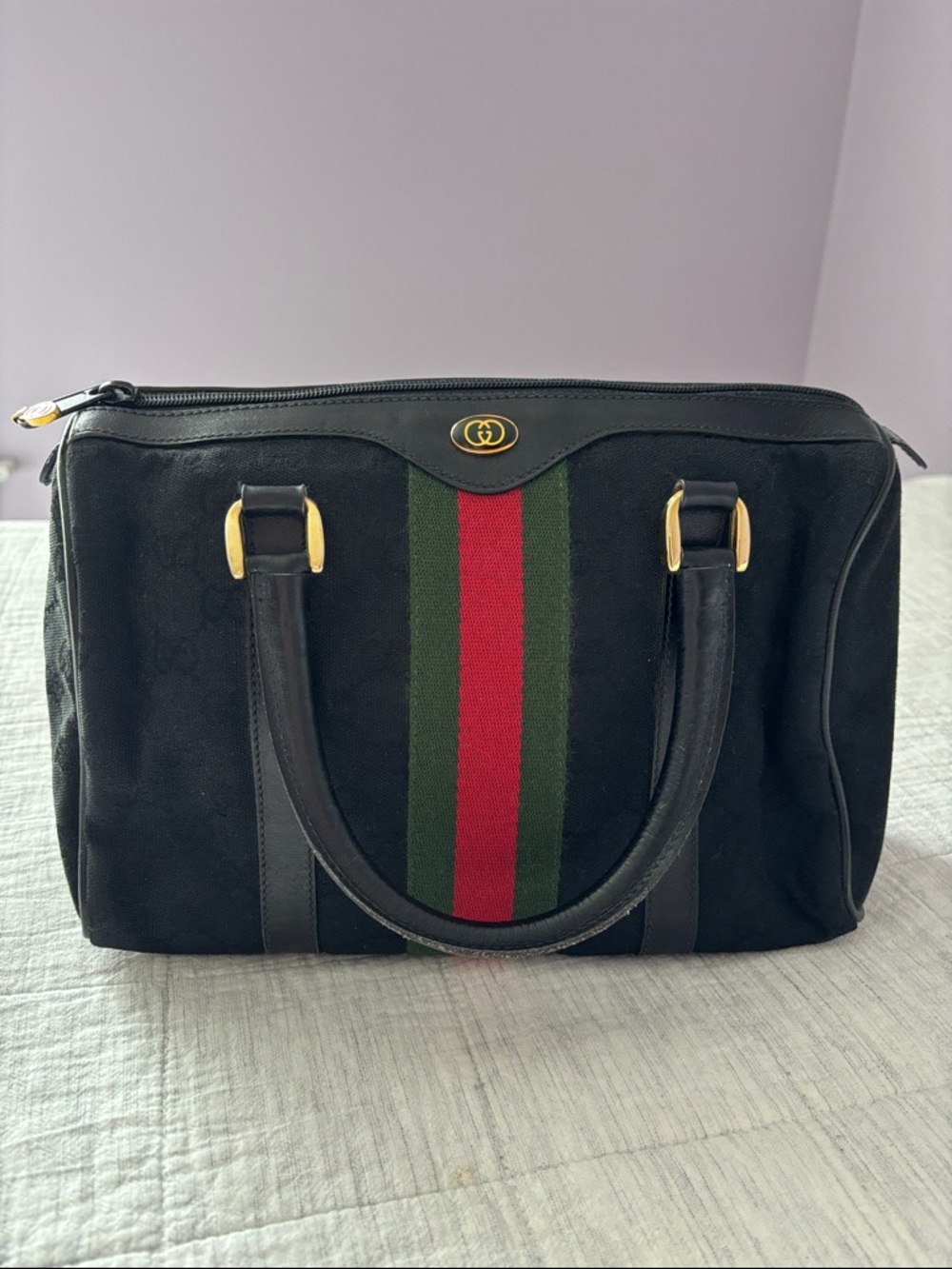 Gucci Sherry Line Boston Bag Black GG Monogram Canvas with Red&Green Web Stripe